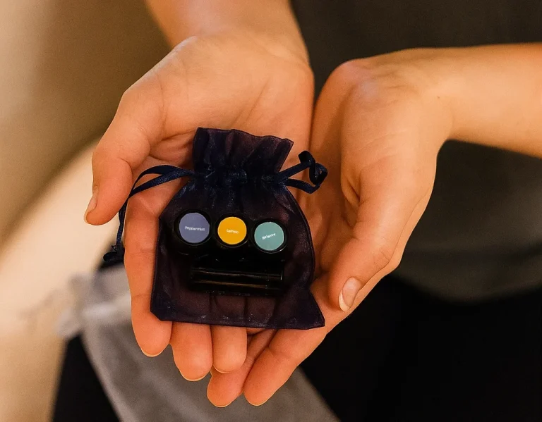 Gratis Pröbchen Eine Hand hält einen kleinen, blauen Säckchen mit drei bunten Fläschchen.